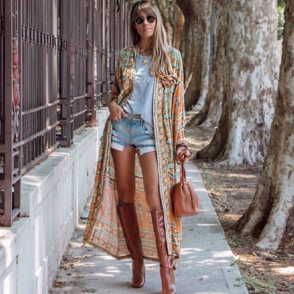 Boho Kimono Floral Gypsy Print Maxi CoverUp orange - Picture 2 of 9